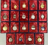 COLLECTION OF NINETEEN REPRODUCTION POCKET WATCHES, cases in various materials, all manual wind, all