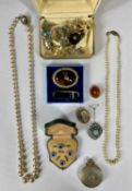 COSTUME JEWELLERY, including three hardstone brooches, simulated pearl necklace with sterling silver