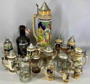 VARIOUS GERMAN STEINS with hinged metal covers, largest 55cms (h) Provenance: deceased estate Ynys