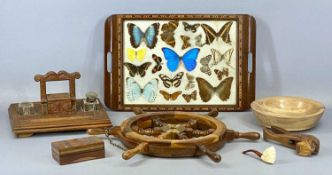 ASSORTED COLLECTABLES & TREEN, including Brazilian butterfly wing tray, 52 x 33cms; hardwood ship'