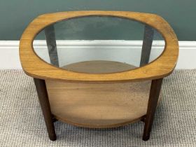 MID-CENTURY TEAK TYPE CIRCULAR GLASS-TOPPED COFFEE TABLE, 37 (h) x 69cms (diam.) Provenance: private