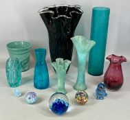 CONTEMPORARY GLASSWARE, including tall black and clear glass handkerchief vase, 37cms (h); blue-