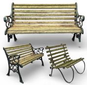 GARDEN BENCH with cast metal ends and wooden slats, 78 (h) x 127 (w) x 61cms (d); and a similar