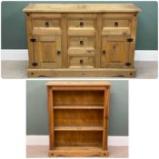 RUSTIC PINE SIDEBOARD with black Japanned furniture, 84 (h) x 132 (w) x 44cms (d); and a similar