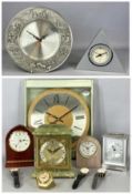 VARIOUS CLOCKS, Elliott London alabaster bracket, retailed R.E. Porter, Bournemouth, 18cms (h); four