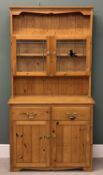 MODERN PINE COMPACT DRESSER, rack with twin-glazed doors, base with two drawers above two cupboard