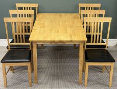 MODERN LIGHT WOOD DINING TABLE, 74 (h) x 140 (w) x 80cms (d); and a set of six chairs with slat