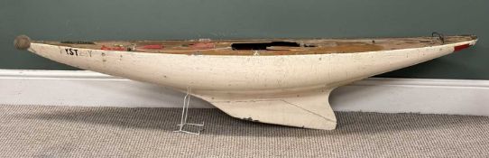 LARGE TIMBER MODEL SCRATCH-BUILT SAILBOAT HULL, titled 'Mystery', 38 (h) x 181 (w) x 38cms (d)