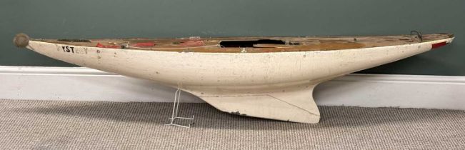 LARGE TIMBER MODEL SCRATCH-BUILT SAILBOAT HULL, titled 'Mystery', 38 (h) x 181 (w) x 38cms (d)