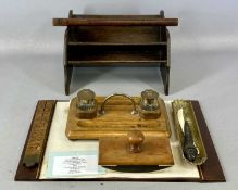VINTAGE DESK ITEMS, to include Edwardian oak desk stand, twin inkwells with hinged brass lids and