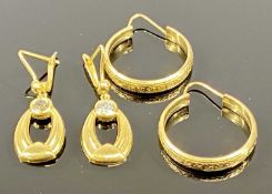 TWO PAIRS OF 9CT GOLD EARRINGS, full hoop, 25mms (diam.), and pierced oval drop set with stones, 10g