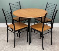 MODERN BLACK METAL & WOODEN CIRCULAR BREAKFAST TABLE, 76 (h) x 92cms (diam.), and four matching