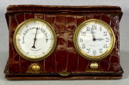 JOHN POUND & CO., LONDON TRAVELLING CLOCK & ANEROID BAROMETER, contained in brown crocodile skin