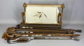 VARIOUS WALKING STICKS, SHOOTING STICK & SMALL TAPESTRY FRAME Provenance: deceased estate Ynys Môn
