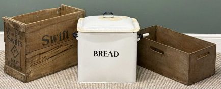 GOOD VINTAGE ENAMEL LIDDED BREAD BIN, 48 (h) x 41 (w) x 29cms (d); and two old produce crates, one