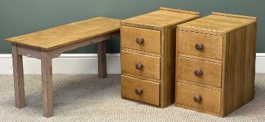 PAIR OF LIGHT OAK BEDSIDE CHESTS of three drawers, with rail backs, 56 (h) x 36 (w) x 47cms (d); and