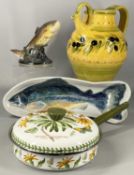 BRANNAM TYPE OLIVE OIL PITCHER, green and yellow glazed and painted with olives and leaves, 31cms (