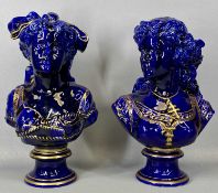 PAIR OF FRENCH PORCELAIN BUSTS OF LADIES, early 20th century, cobalt blue glaze with gilded