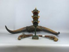 COLLECTABLES, to include pair of vintage buffalo horns, 90cms span; and tinplate bar top traffic