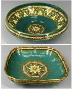 MINTON BYZANTINE REVIVAL FRUIT BOWL, c. 1930, 27cms (diam.); and a similar square dish, 22cms (w)