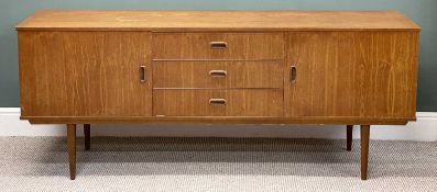 MID-CENTURY TEAK TYPE SIDEBOARD, with two cupboard doors and three central drawers, 74 (h) x 182 (w)