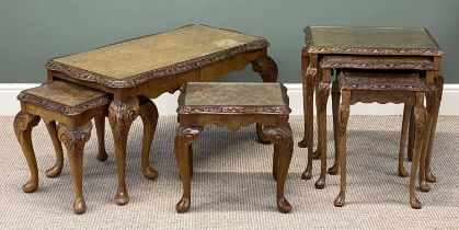 TWO WALNUT NESTS OF THREE TABLES, 49 (h) x 94 (w) x 49cms (d), and 56 (h) x 53 (w) x 51cms (d) (2)
