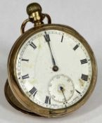 9CT GOLD CASED POCKET WATCH, top wind, white enamel dial with black Roman numerals and subsidiary