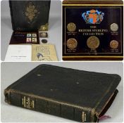 LEATHER-BOUND NATIONAL FAMILY BIBLE with illustrations and maps, another smaller reference Bible,