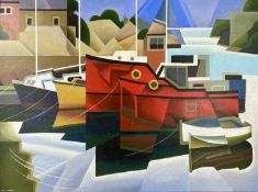 ‡ ALEX CAMPBELL (British, b. 1936) acrylic, oil and varnish on canvas - cubist scene, entitled verso
