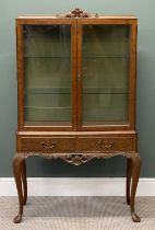 REPRODUCTION BURR WALNUT DISPLAY CABINET, two doors with glazed interior shelves and two drawers,