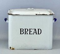 LARGE VINTAGE ENAMEL BREAD BIN, white with black lettering and blue handles, 34 (h) x 43 (w) x 28cms