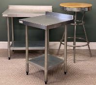 CATERING PREP TABLES, two steel with rail backs, 96.5 (h) x 90 (w) x 60cms (d) and 96.5 (h) x 60 (w)