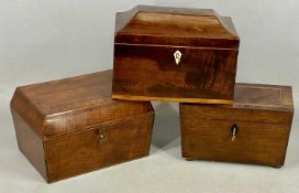 THREE 19TH CENTURY TEA CADDIES, rosewood and mahogany, 30cms (w), crossbanded and strung mahogany,