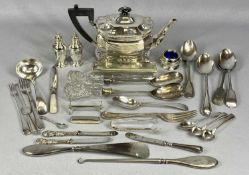 ASSORTED PLATED WARE, including shaped oval teapot with ebony handle and finial, three-piece