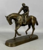 CONTEMPORARY BRONZE RESIN FIGURE of a racehorse with jockey up, signed on base 'O. Tupton', 32 (h) x