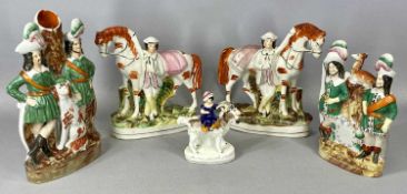 19TH CENTURY STAFFORDSHIRE FIGURES, pair of horses with attendants, well coloured, 24cms (h);