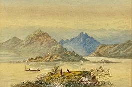‡ EDWIN EARP watercolour - mountainous lake scene, figures in foreground fishing on island,
