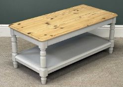 STRIP PINE TOPPED COFFEE TABLE with painted supports and lower tier, 46 (h) x 107 (w) x 58cms (d)