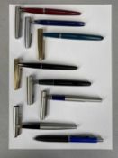 FOUNTAIN PENS to include Parker 51 having green body and gold plated cap, Sheaffer having blue