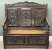 VICTORIAN OAK CARVED BOX SEAT SETTLE, three-panel back, 125 (h) x 123 (w) x 60cms (d) Provenance: