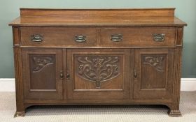ART NOUVEAU OAK SIDEBOARD, with rail back, two long drawers over three cupboard doors, 102 (h) x 168