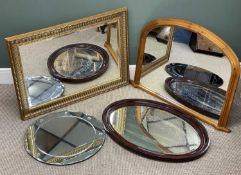 FOUR WALL MIRRORS, to include gilt-framed bevelled glass mirror, pine dome-top overmantel mirror,