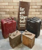 TWO FIVE-GALLON JERRY CANS & TWO VINTAGE PETROL CANS, Pratts and Shell Motor Provenance: deceased
