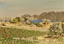 ‡ AELRED BARTLETT (British, 1918-2004) oil on canvas - entitled verso 'Landscape in Greece',