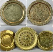 FIVE INDO-PERSIAN ENGRAVED TRAYS, with silver inlay, etc., largest 68cms (diam.) Provenance: private
