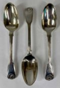 SET OF THREE GEORGE III SILVER FIDDLE, THREAD & SHELL PATTERN TABLESPOONS, with monogrammed handles,