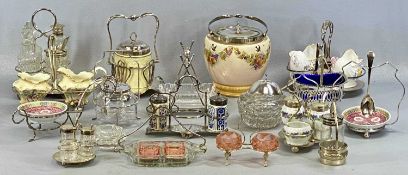 VARIOUS PLATED CRUET STANDS, having glass and ceramic fittings, including salts, condiments, sugar