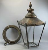 LARGE VINTAGE COPPER LANTERN, missing glass, approx. 90cms (h); and vintage bronze porthole,