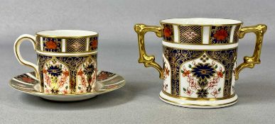 ROYAL CROWN DERBY 1128 PATTERN IMARI CHINA, two-handled loving cup, 7.5cms (h), and coffee cup and