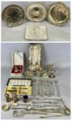 ASSORTED SILVER PLATE, including cutlery, two circular serving dishes, christening set,
